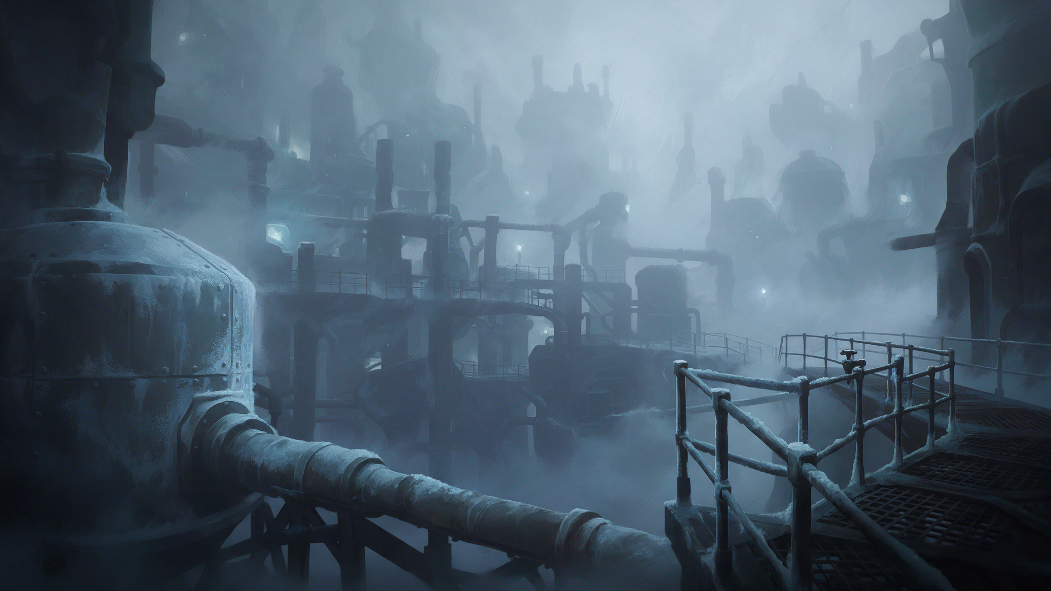 Frozen pipes and industrial walkways descending into the mist of the Frosty Pits.